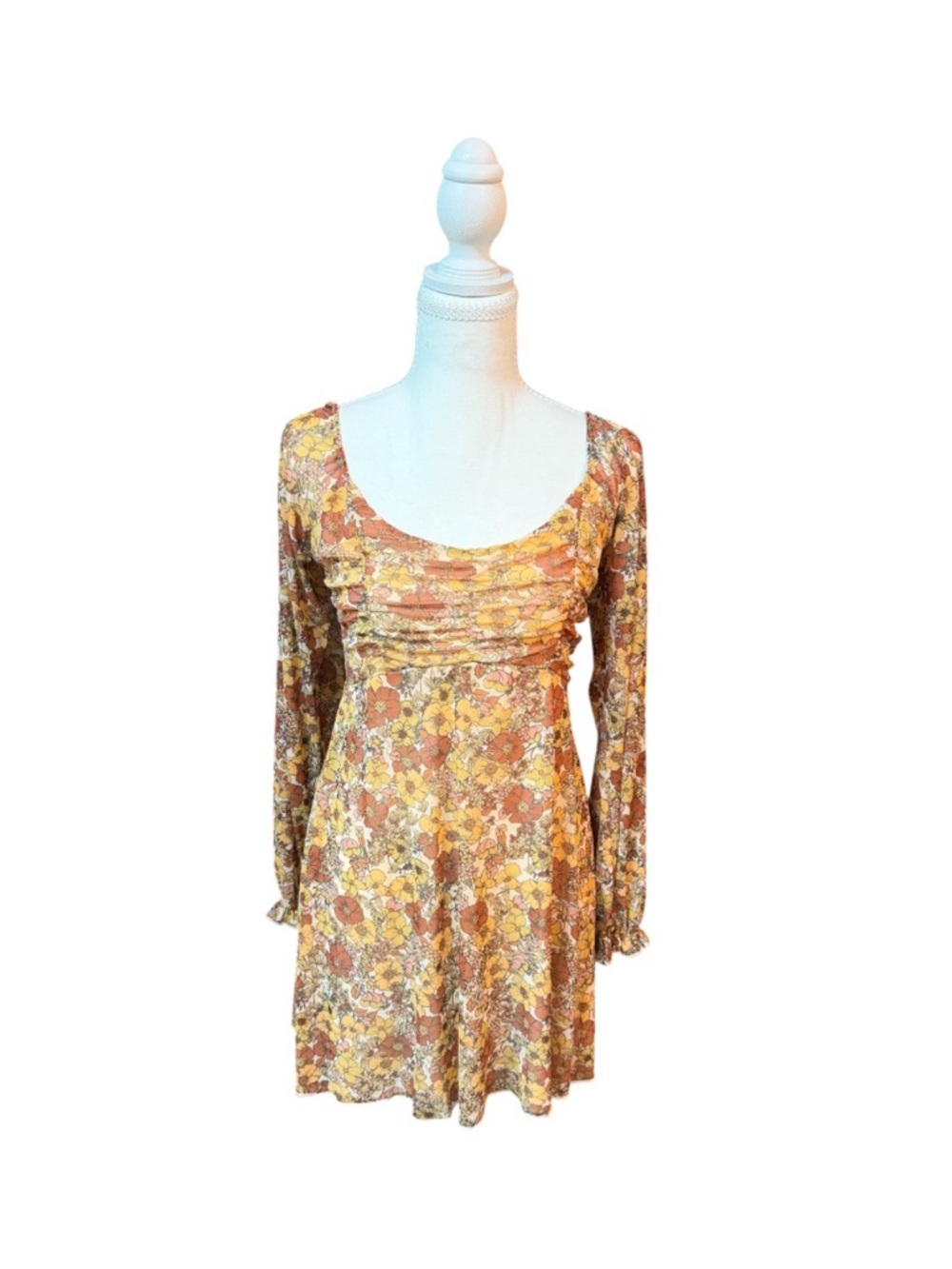 Originality Floral Ruched Mini Dress Small XS Cottagecore Fairycore Boho